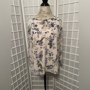 Floral Tie-Neck Long Sleeve Top - Cream and Blue